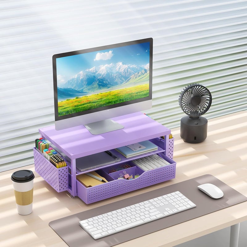 gianotter Wood Monitor Stand Riser, Desk Organizer with Drawer and 2 Pen Holders, 2-Tier Workspace Organizer for Office Supplies (Purple Wood) - Image 4